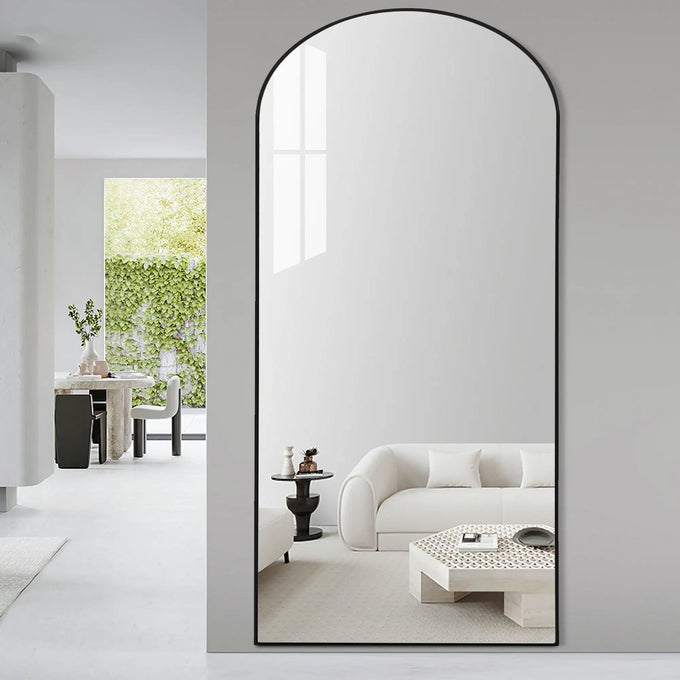  Arched Full Length Mirror Floor Mirror with Stand Black-DECORIZE